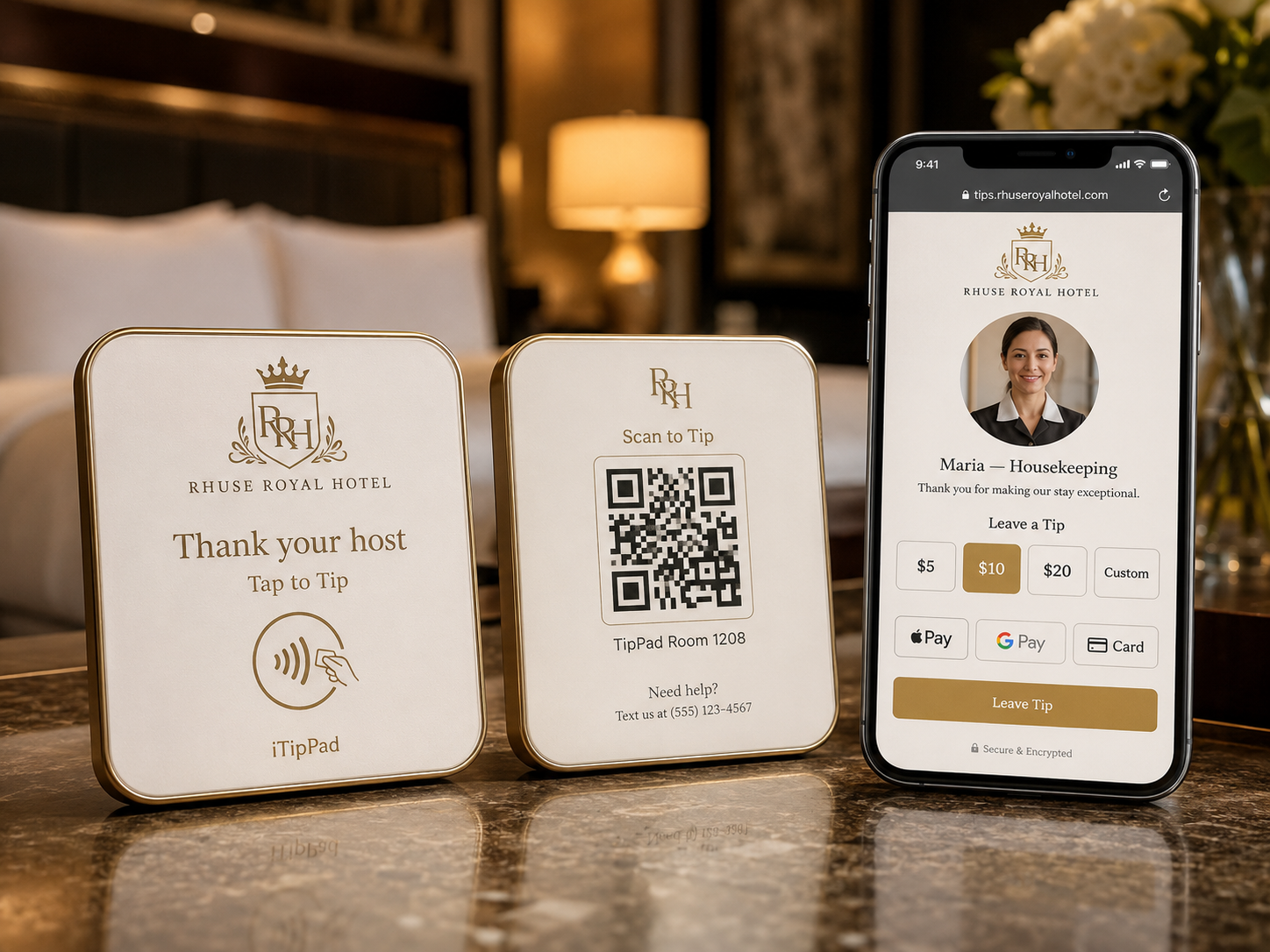 Three iTipPad devices: a tap-to-tip terminal, a scan-to-tip QR panel, and a smartphone showing the tip checkout screen