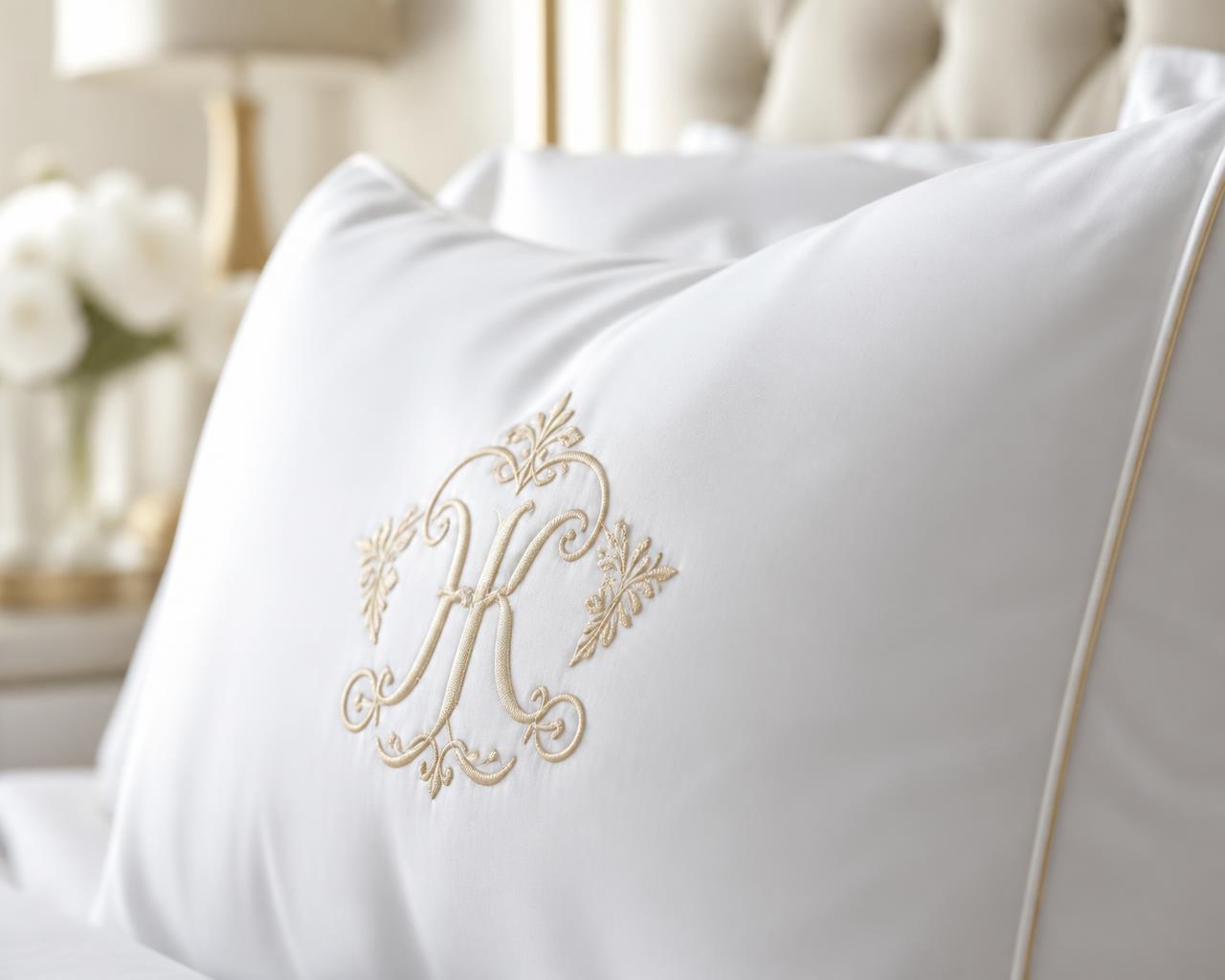 Pristine white hotel pillow with a gold embroidered monogram