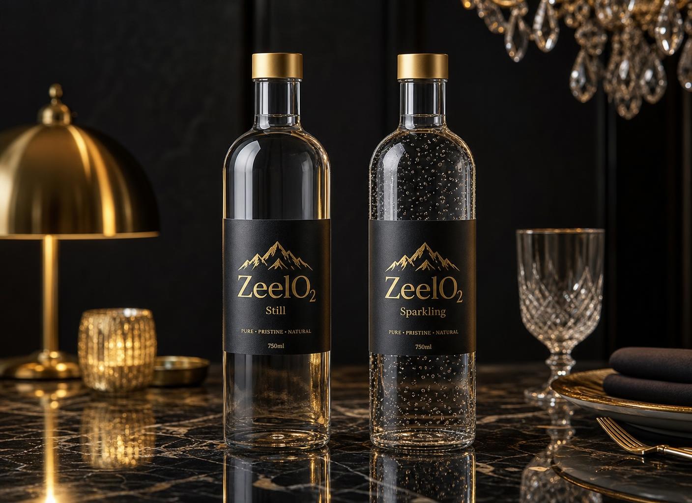 ZeelO₂ Still and ZeelO₂ Sparkling 750ml glass bottles on a fine dining table